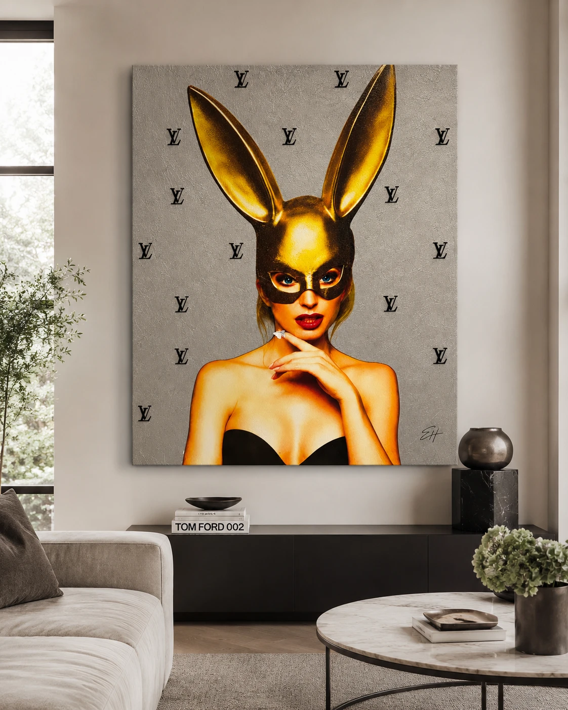 Gold Bunny artwork shown in a luxury interior